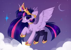 Size: 3541x2508 | Tagged: safe, artist:alkit_is_not_me, artist:angryroru, derpibooru import, twilight sparkle, twilight sparkle (alicorn), alicorn, pony, big crown thingy, chest fluff, clothes, cloud, crescent moon, crown, cute, ear fluff, element of magic, eye clipping through hair, female, flying, high res, hoof shoes, jewelry, mare, moon, night, profile, regalia, sky, socks, solo, spread wings, stars, stockings, thigh highs, twiabetes, wings