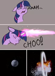 Size: 898x1248 | Tagged: safe, artist:jellymaggot, derpibooru import, edit, twilight sparkle, pony, unicorn, /mlp/, 4chan, accident, blast, comic, death star, explosion, eyes closed, female, floppy ears, hooves, horn, magic, magic beam, magic blast, magical mishap, mare, onomatopoeia, open mouth, sneezing, star wars, vulgar