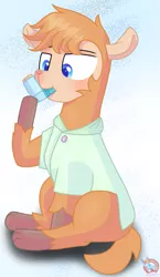 Size: 861x1485 | Tagged: safe, artist:rainbow eevee, derpibooru import, oc, oc:lawrence, unofficial characters only, alpaca, pony, blue background, blue eyes, clothes, hoof hold, inhaler, lidded eyes, male, shirt, simple background, sitting, solo, white background