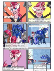 Size: 1950x2550 | Tagged: safe, artist:tillie-tmb, derpibooru import, princess luna, oc, oc:jimmy hook (female), oc:narcisse pavo, alicorn, bat pony, pony, unicorn, comic:the amulet of shades, armor, bat pony eyes, bat pony oc, bat wings, black fur, fangs, female, growl-face, lunar guard armour, male, mare, night guard, red black and purple mane, red eyes, stallion, traditional art, wings