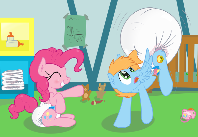 Size: 1024x709 | Tagged: suggestive, artist:vitriolink, derpibooru import, pinkie pie, oc, oc:harmony star, earth pony, pegasus, pony, clean diaper, diaper, diaper inflation, image, inflatable diaper, nursery, pacifier, png, poofy diaper, rattle, teddy bear