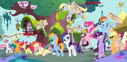 Size: 1024x505 | Tagged: alicorn, alicorn oc, apple bloom, applejack, derpibooru import, derpy hooves, fluttershy, golden oaks library, horn, megaphone, oc, oc:harmony star, pinkie pie, rainbow dash, rarity, safe, scootaloo, sign, sweetie belle, twilight sparkle, twilight sparkle (alicorn), wings