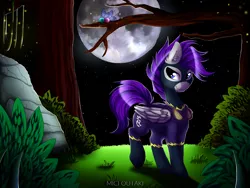 Size: 2000x1500 | Tagged: safe, artist:micioutaki, derpibooru import, oc, unofficial characters only, firefly (insect), insect, parasprite, pegasus, pony, clothes, commission, costume, ear fluff, full moon, goggles, grass, lidded eyes, moon, night, night sky, rock, shadowbolts, shadowbolts costume, sky, solo, standing, starry night, tree, ych result