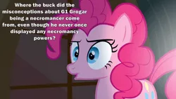 Size: 2000x1125 | Tagged: caption, confused, dafuq, derpibooru import, edit, edited screencap, g1, grogar, image macro, implied grogar, meme, misconception, necromancer, necromancy, party of one, pinkie pie, safe, screencap, text