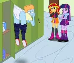 Size: 1024x879 | Tagged: suggestive, artist:stargrazer, derpibooru import, sunset shimmer, twilight sparkle, oc, oc:harmony star, equestria girls, bully, bullying, clothes, diaper, diaper fetish, fetish, laughing, pants, pants down, wedgie