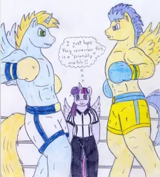 Size: 846x940 | Tagged: alicorn, alicorn oc, anthro, artist:jose-ramiro, boxing, boxing gloves, clothes, derpibooru import, flash sentry, horn, oc, oc:harmony star, partial nudity, safe, sports, text, thought bubble, topless, traditional art, twilight sparkle, twilight sparkle (alicorn), wings