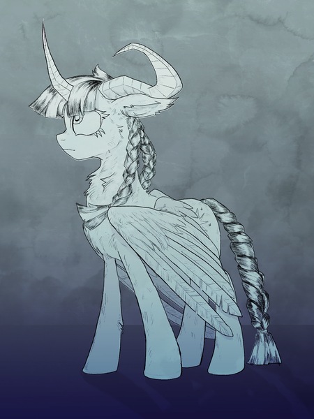 Size: 1668x2224 | Tagged: safe, artist:draw3, derpibooru import, twilight sparkle, twilight sparkle (alicorn), alicorn, pony, /mlp/, 4chan, braid, braided pigtails, braided tail, drawthread, gradient background, horns, monochrome, solo