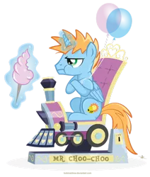 Size: 822x971 | Tagged: safe, derpibooru import, oc, oc:harmony star, unofficial characters only, alicorn, pony, alicorn oc, cotton candy, horn, kiddie ride, simple background, solo, train, transparent background, wings