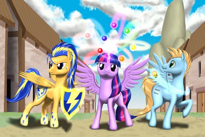 Size: 1024x683 | Tagged: safe, artist:vasillium, derpibooru import, flash sentry, twilight sparkle, twilight sparkle (alicorn), oc, oc:harmony star, alicorn, pegasus, pony, alicorn oc, horn, starlight's village, trio, wings