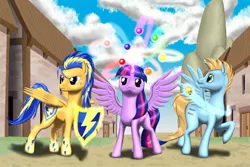 Size: 1024x683 | Tagged: safe, artist:vasillium, derpibooru import, flash sentry, twilight sparkle, twilight sparkle (alicorn), oc, oc:harmony star, alicorn, pegasus, pony, alicorn oc, horn, starlight's village, trio, wings