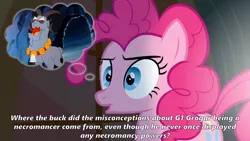 Size: 2000x1125 | Tagged: safe, derpibooru import, edit, edited screencap, screencap, grogar, pinkie pie, earth pony, pony, sheep, my little pony 'n friends, party of one, beard, bell, caption, collar, confused, dafuq, eyebrows, facial hair, female, g1, image macro, male, mare, meme, misconception, necromancer, necromancy, ram, red eyes, text, thought bubble