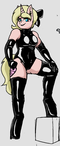 Size: 500x1205 | Tagged: anthro, artist:coatieyay, bow, breasts, clothes, derpibooru import, ear piercing, earring, female, gloves, jewelry, latex, latex gloves, latex socks, leotard, oc, oc:deady, piercing, questionable, socks, solo, solo female