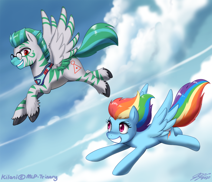 Size: 1200x1029 | Tagged: safe, artist:johnjoseco, derpibooru import, rainbow dash, oc, oc:kilani, pegasus, pony, zebra, zebrasus, ask gaming princess luna, cloud, flying, glasses, male