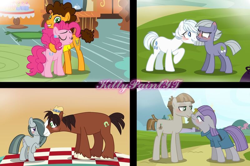Size: 1280x850 | Tagged: safe, artist:kittypaintyt, derpibooru import, cheese sandwich, double diamond, limestone pie, marble pie, maud pie, mudbriar, pinkie pie, trouble shoes, the maud couple, blushing, boop, cheesepie, crack shipping, deviantart, diamondstone (ship), female, limediamond, male, marbleshoes, maudbriar, noseboop, nuzzling, picnic blanket, pie sisters, ponyville, shipping, siblings, sisters, straight, sugarcube corner