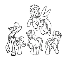 Size: 1804x1488 | Tagged: safe, artist:lucas_gaxiola, derpibooru import, oc, unofficial characters only, earth pony, pegasus, pony, unicorn, clothes, cuffs (clothes), earth pony oc, facial hair, female, flying, group, horn, lineart, male, mare, monochrome, moustache, necktie, pegasus oc, raised hoof, stallion, unicorn oc, wings