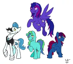 Size: 1612x1404 | Tagged: safe, alternate version, artist:lucas_gaxiola, derpibooru import, oc, unofficial characters only, earth pony, pegasus, pony, unicorn, clothes, colored, cuffs (clothes), earth pony oc, facial hair, female, flying, glasses, group, horn, male, mare, moustache, necktie, pegasus oc, raised hoof, stallion, unicorn oc, wings