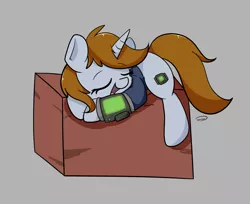 Size: 2453x1999 | Tagged: safe, artist:taurson, derpibooru import, oc, oc:littlepip, unofficial characters only, pony, unicorn, fallout equestria, fanfic, box, clothes, commission, cutie mark, eyes closed, fanfic art, female, gray background, hooves, horn, mare, open mouth, pipbuck, simple background, sleeping, solo, vault suit