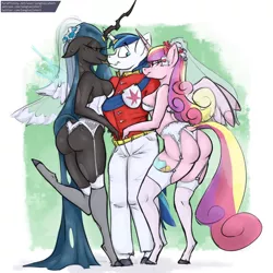 Size: 1024x1024 | Tagged: suggestive, artist:longtailshort, derpibooru import, princess cadance, queen chrysalis, shining armor, anthro, changeling, changeling queen, ass, bisexual, bra, breasts, bridal lingerie, bugbutt, busty princess cadance, busty queen chrysalis, butt, chrysarmordance, clothes, female, frilly underwear, hand in pants, infidelity, kissing, lesbian, lovebutt, lucky bastard, male, ot3, panties, polyamory, reversalis, shining armor gets all the mares, shining chrysalis, shiningcadance, shipping, skimpy outfit, straight, thong, tongue out, underwear, white underwear