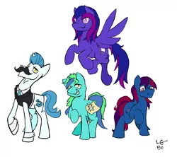 Size: 1636x1456 | Tagged: safe, alternate version, artist:lucas_gaxiola, derpibooru import, oc, unofficial characters only, earth pony, pegasus, pony, unicorn, clothes, colored, cuffs (clothes), earth pony oc, facial hair, fake cutie mark, female, flying, glasses, group, horn, male, mare, moustache, necktie, pegasus oc, raised hoof, stallion, unicorn oc, wings