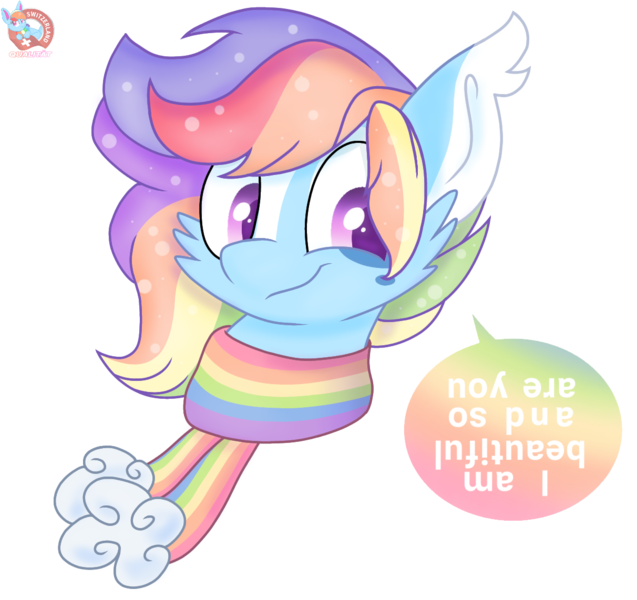 Size: 1212x1142 | Tagged: safe, artist:rainbow eevee, derpibooru import, oc, oc:prisma color, unofficial characters only, bat pony, pony, bat pony oc, bat wings, clothes, cute, dialogue, looking at you, message, multicolored hair, pastel, positive ponies, scarf, simple background, smiling, smiling at you, smirk, solo, speech bubble, transparent background, upside down, wholesome, wings