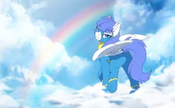 Size: 3439x2134 | Tagged: safe, artist:arctic-fox, derpibooru import, oc, oc:snow pup, unofficial characters only, pegasus, pony, butt, clothes, cloud, dock, female, looking at you, looking back, mare, on a cloud, plot, rainbow, raised hoof, smiling, smirk, spread wings, standing on cloud, uniform, wings, wonderbolts uniform
