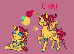 Size: 1100x800 | Tagged: safe, artist:lavvythejackalope, derpibooru import, oc, oc:chai, unofficial characters only, alicorn, pony, :o, alicorn oc, baby, baby pony, bracelet, colored hooves, duo, eyes closed, horn, jewelry, makeup, open mouth, reference sheet, simple background, sitting, text, wings