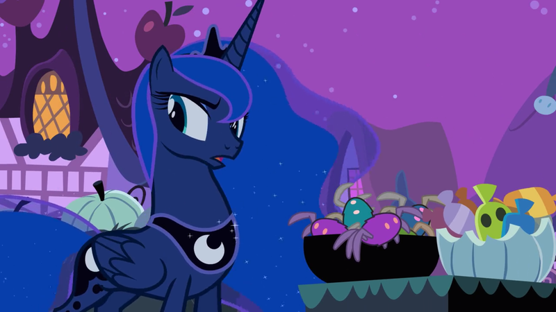 Size: 2880x1620 | Tagged: safe, derpibooru import, screencap, princess luna, alicorn, pony, spider, luna eclipsed, asking, bowl, crown, curious, ethereal mane, female, festival, flowing mane, folded wings, interested, jewelry, mare, night, nightmare night, open mouth, plushie, raised eyebrow, regalia, sideways glance, wings