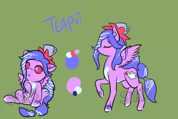 Size: 1200x800 | Tagged: safe, artist:lavvythejackalope, derpibooru import, oc, oc:teapot, unofficial characters only, pegasus, pony, :o, baby, baby pony, blush sticker, blushing, colored hooves, duo, eyes closed, hat, open mouth, pegasus oc, reference sheet, simple background, sitting, text, underhoof, wings