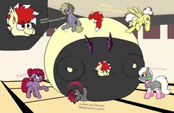 Size: 3628x2368 | Tagged: suggestive, artist:aaathebap, derpibooru import, oc, oc:aaaaaaaaaaa, oc:banana smoothie, oc:cooper bubble, oc:linx, oc:morning star, oc:taco butter, unofficial characters only, bat pony, earth pony, inflatable pony, pegasus, unicorn, ball, bat pony oc, bat wings, belly, big belly, blimp, body inflation, butt, clothes, earth pony oc, embarrassed, fat, group, gym, helpless, hoodie, horn, huge belly, huge butt, impossibly large belly, impossibly large butt, inflatable, inflation, large butt, laughing, male, male submissive, malesub, obese, pegasus oc, poking, squished, squishy, stuck, submissive, tail, text, too big, trapped, unicorn oc, wings