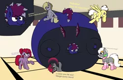 Size: 3628x2368 | Tagged: suggestive, artist:aaathebap, derpibooru import, oc, oc:aaaaaaaaaaa, oc:banana smoothie, oc:cooper bubble, oc:linx, oc:morning star, oc:taco butter, unofficial characters only, bat pony, earth pony, inflatable pony, pegasus, unicorn, ball, bat pony oc, bat wings, belly, big belly, blueberry, blueberry inflation, butt, clothes, earth pony oc, embarrassed, food, group, gym, helpless, hoodie, horn, huge belly, huge butt, impossibly large belly, impossibly large butt, inflatable, inflation, large butt, laughing, male submissive, pegasus oc, poking, squished, squishy, stuck, submissive, tail, text, too big, trapped, unicorn oc, wings