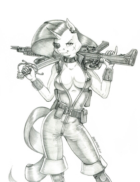 Size: 1000x1298 | Tagged: suggestive, artist:baron engel, derpibooru import, rarity, anthro, unicorn, absolute cleavage, boots, breasts, busty rarity, cleavage, clothes, female, grayscale, gun, mare, monochrome, open clothes, pencil drawing, pirate, pirate rarity, scar, shoes, simple background, skintight clothes, solo, solo female, sword, traditional art, weapon, white background