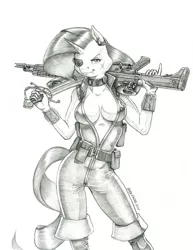 Size: 1000x1298 | Tagged: suggestive, artist:baron engel, derpibooru import, rarity, anthro, unicorn, absolute cleavage, boots, breasts, busty rarity, cleavage, clothes, female, grayscale, gun, mare, monochrome, open clothes, pencil drawing, pirate, pirate rarity, scar, shoes, simple background, skintight clothes, solo, solo female, sword, traditional art, weapon, white background