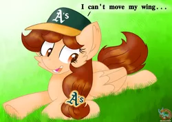 Size: 1920x1362 | Tagged: safe, artist:rainbow eevee, derpibooru import, oc, oc:vanilla creame, unofficial characters only, pegasus, pony, baseball cap, cap, cute, female, folded wings, grass, grass field, hat, oakland athletics, open mouth, pegasus oc, prone, solo, underhoof, wings