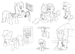 Size: 1120x800 | Tagged: safe, artist:m.w., derpibooru import, rainbow dash, windy whistles, mouse, pegasus, pony, atg 2017, beach, beach umbrella, cute, drinking, drinking straw, eyes closed, female, hoof hold, juice, juice box, mare, monochrome, mousified, newbie artist training grounds, ocean, portal, rainbow mouse, simple background, species swap, vending machine, white background