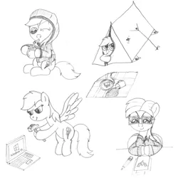 Size: 1100x1100 | Tagged: safe, artist:m.w., derpibooru import, rainbow dash, pegasus, pony, atg 2017, clothes, computer, cute, drinking, drinking straw, female, hammer, hoodie, laptop computer, mare, monochrome, newbie artist training grounds, one eye closed, simple background, sitting, tent, white background