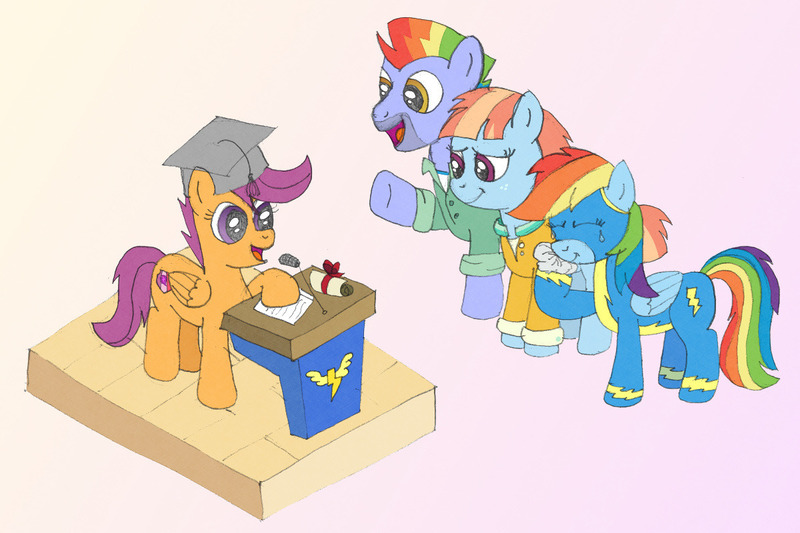 Size: 1200x800 | Tagged: safe, artist:m.w., derpibooru import, bow hothoof, rainbow dash, scootaloo, windy whistles, pegasus, pony, atg 2017, clothes, crying, cute, eyes closed, female, graduation, graduation cap, hat, mare, newbie artist training grounds, podium, tears of joy, uniform, wonderbolts uniform