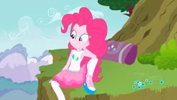 Size: 1600x900 | Tagged: safe, artist:crystal-ice9201, artist:marcorois, artist:techrainbow, derpibooru import, editor:slayerbvc, pinkie pie, equestria girls, cliff, clothes, duffle bag, female, flower, hand on cheek, looking down, sitting, socks, solo, spread legs, spreading, stockings, thigh highs