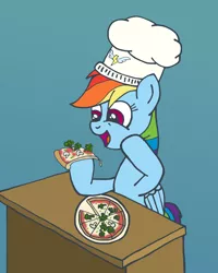 Size: 800x1000 | Tagged: safe, artist:m.w., derpibooru import, rainbow dash, pegasus, pony, broccoli, chef's hat, cute, female, food, hat, hoof hold, mare, mushroom, pizza, smiling, solo, that pony sure does love pizza