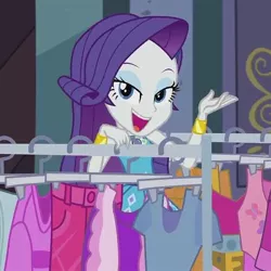 Size: 720x720 | Tagged: safe, derpibooru import, screencap, rarity, equestria girls, equestria girls series, street chic, spoiler:eqg series (season 2), clothes, clothes rack, cropped, eyeshadow, lidded eyes, looking at you, makeup, open mouth, smiling, smiling at you, solo, window