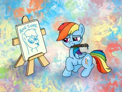 Size: 1200x900 | Tagged: safe, artist:m.w., derpibooru import, rainbow dash, pegasus, pony, abstract background, cute, female, mare, mouth hold, paintbrush, painting, self portrait, self-potrait, solo