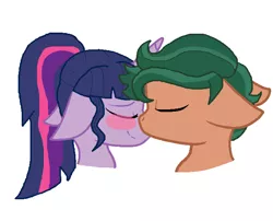 Size: 707x571 | Tagged: safe, artist:huskyrbtorchick, derpibooru import, sci-twi, timber spruce, twilight sparkle, ponified, pony, unicorn, equestria girls, blushing, bust, cute, equestria girls ponified, eyes closed, female, floppy ears, kissing, male, mare, portrait, shipping, simple background, stallion, straight, timbertwi, unicorn sci-twi, white background