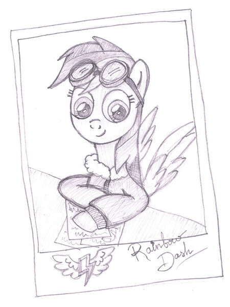 Size: 750x1000 | Tagged: safe, artist:m.w., derpibooru import, rainbow dash, pegasus, pony, autograph, aviator goggles, clothes, cute, female, goggles, jacket, mare, monochrome, smiling, solo, wonderbolts logo