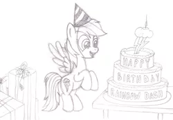 Size: 1150x800 | Tagged: safe, artist:m.w., derpibooru import, rainbow dash, pegasus, pony, birthday, birthday cake, cake, cute, female, food, happy birthday, hat, mare, monochrome, party hat, present, rainbow dash day, rainbow dash's birthday, solo