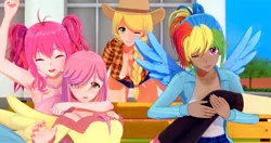 Size: 2048x1080 | Tagged: suggestive, artist:katsudon, derpibooru import, applejack, fluttershy, pinkie pie, rainbow dash, bat pony, human, 3d, arm around neck, armpits, big breasts, breasts, busty applejack, busty fluttershy, cleavage, dark skin, explicit source, female, females only, flutterbat, holding leg, humanized, koikatsu, kotobukiya rainbow dash, one eye closed, race swap, smiling, wink