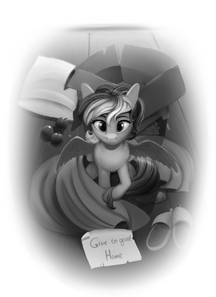 Size: 1600x2200 | Tagged: safe, artist:discordthege, derpibooru import, rainbow dash, pegasus, pony, fanfic:my little dashie, blanket, box, clothes, commission, cute, eye reflection, fanfic art, female, filly, filly rainbow dash, grayscale, looking at you, mare, monochrome, raised hoof, reflection, sign, slippers, solo, wings, younger