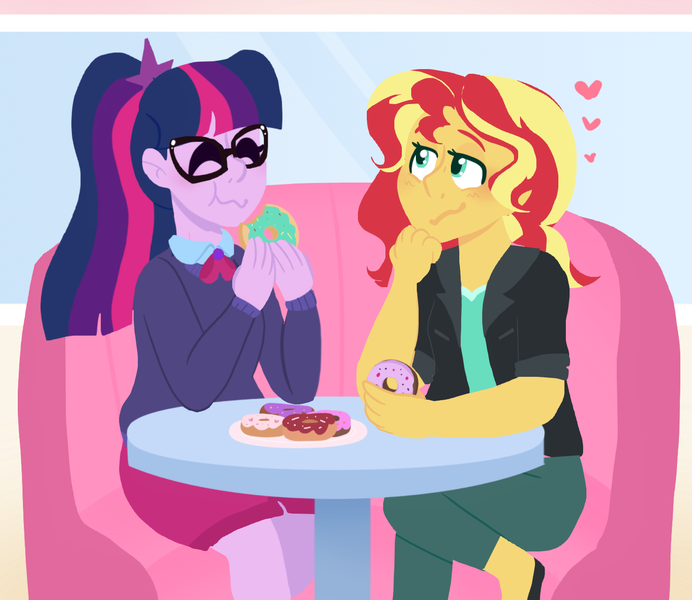 Size: 1481x1285 | Tagged: safe, artist:bubaiuv, deleted from derpibooru, derpibooru import, sci-twi, sunset shimmer, twilight sparkle, equestria girls, donut, eating, eyes closed, female, food, heart, lesbian, scitwishimmer, shipping, sitting, sunsetsparkle, table