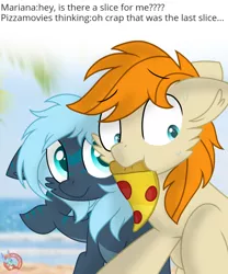 Size: 1102x1324 | Tagged: safe, artist:rainbow eevee, derpibooru import, oc, oc:mariana, oc:pizzamovies, unofficial characters only, earth pony, original species, pony, shark, shark pony, beach, blue eyes, dialogue, duo, eyebrows visible through hair, female, food, male, meat, mouth hold, ocean, pepperoni, pepperoni pizza, pizza, sand, sweat, text, worried