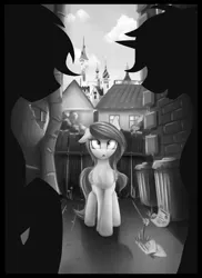 Size: 1600x2200 | Tagged: safe, artist:pony-way, derpibooru import, princess celestia, oc, oc:sunny skies, pegasus, pony, unicorn, fanfic:princess celestia gets mugged, back alley, canterlot, commission, fanfic art, female, fence, floppy ears, grayscale, illustration, mare, monochrome, scenery, silhouette, trash can