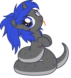 Size: 2377x2610 | Tagged: safe, artist:lightning stripe, derpibooru import, oc, oc:dream², lamia, original species, pony, snake, snake pony, unicorn, :p, blue eyes, blue mane, coils, commission, cute, female, filly, foal, forked tongue, gray coat, horn, messy mane, mute, ocbetes, show accurate, simple background, tongue out, transparent background, vector