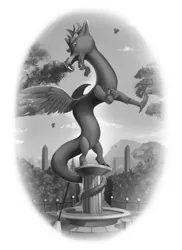 Size: 1600x2200 | Tagged: artist:discordthege, commission, derpibooru import, discord, draconequus, fanfic art, fanfic:the keepers of discord, fangs, grayscale, monochrome, petrification, safe, solo, statue, statue discord